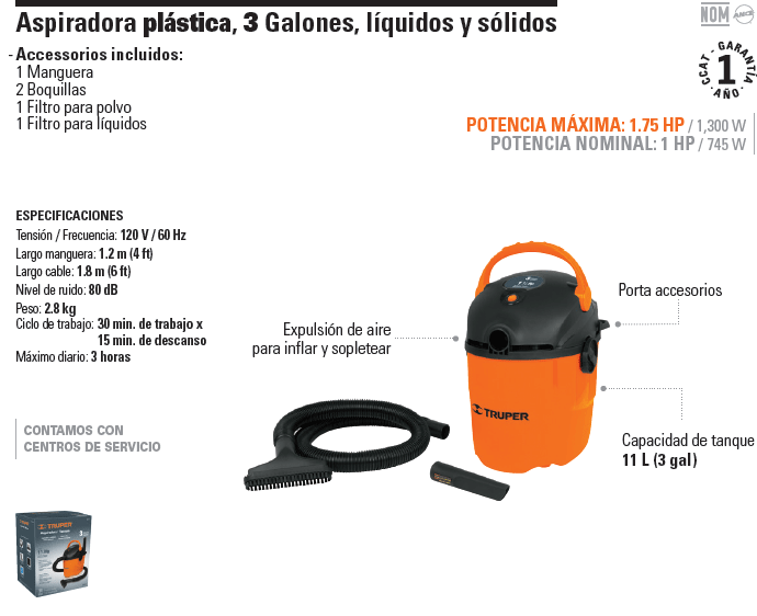 Aspiradora de solidos y liquidos de 6 gal, plastica, Truper