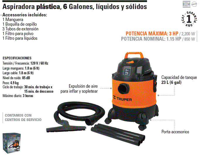 Aspiradora de solidos y liquidos de 6 gal, plastica, Truper